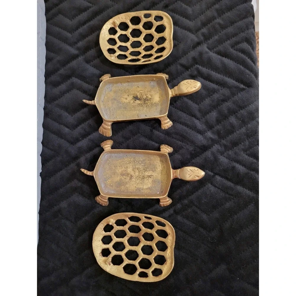 Vintage Brass Turtle Trinket Box Set (2pc) Honeycomb Lattice Shell Potpourri Fun